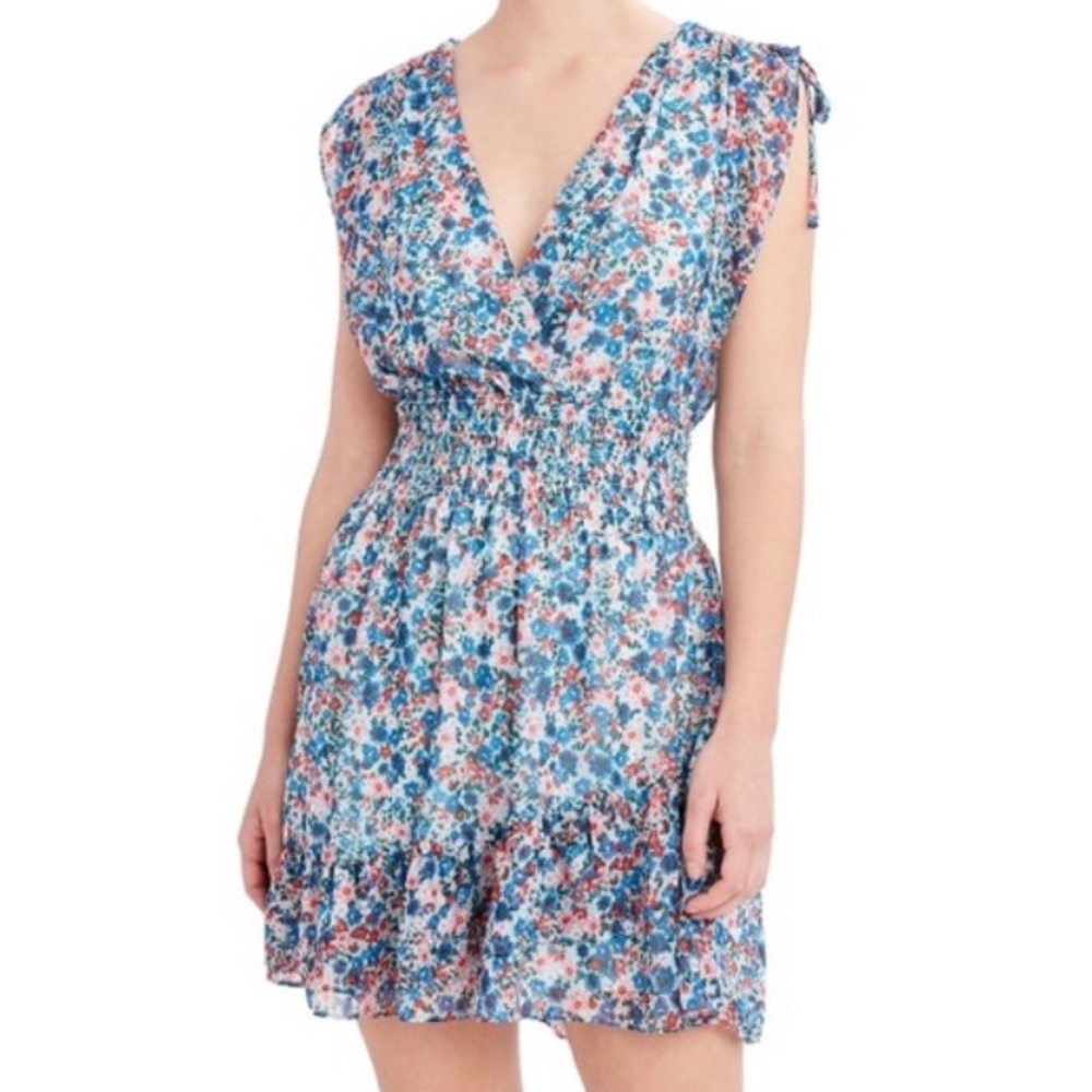 BCBG Paris Floral Wrap Mini Dress Size M Smocked Waist Ruffle Hem